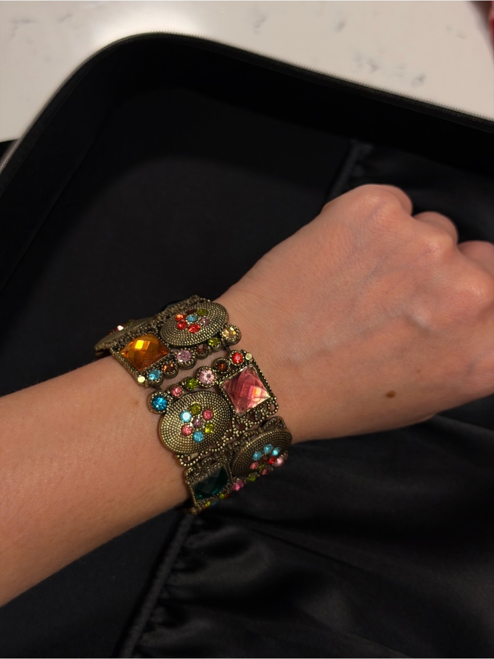 Vintage Expandable Panel Bracelet | Colorful Rhinestones | Statement Jewelry - Picture 7 of 10